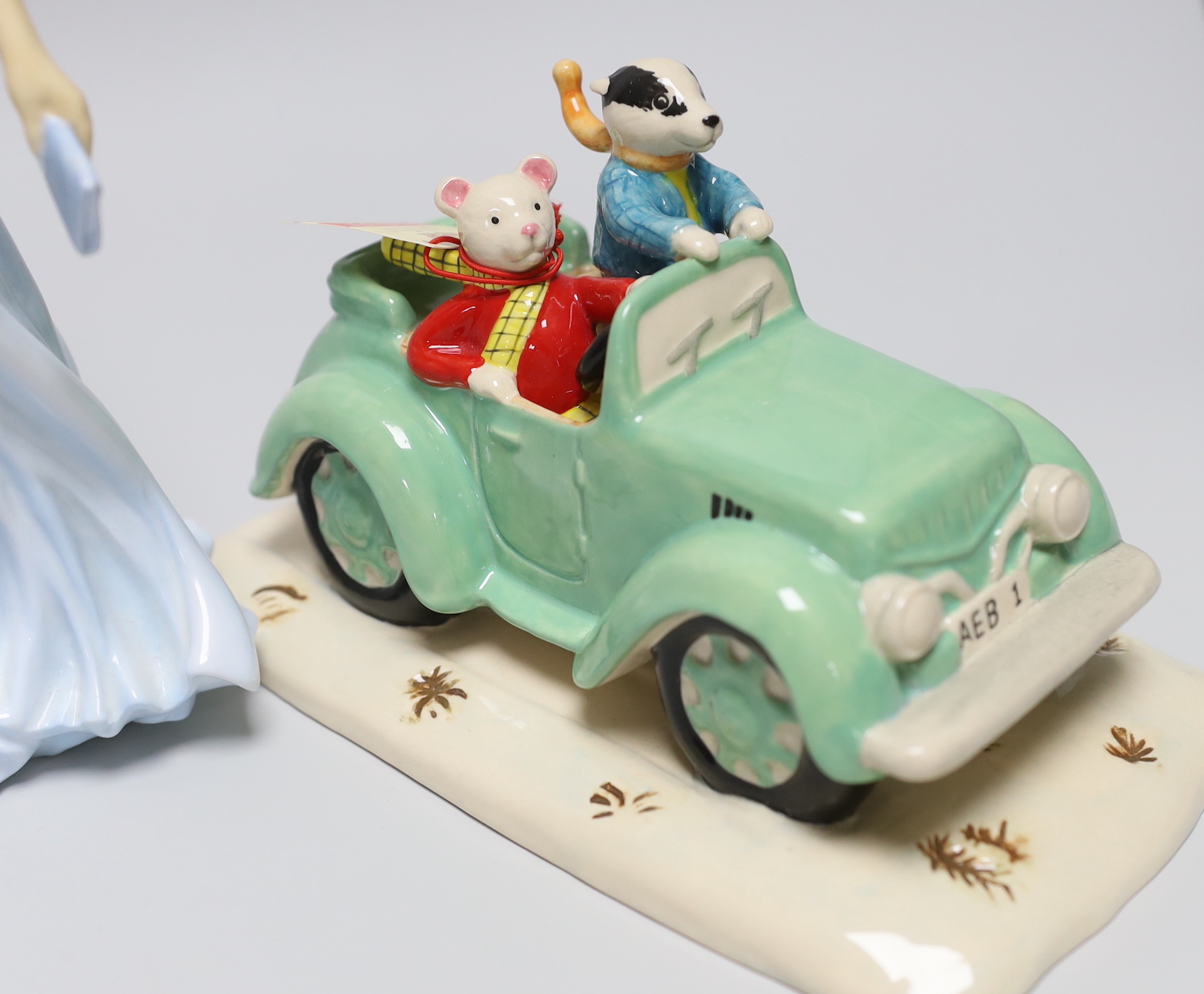 Three Royal Doulton figures - Remembering Diana HN 5856, The Wind in the Willows - Persuading Ratty WW4 56/1000, boxed with certificate and Rupert - Rupert, Bill and the Mysterious Car RB11, 927/2500, boxed with certific